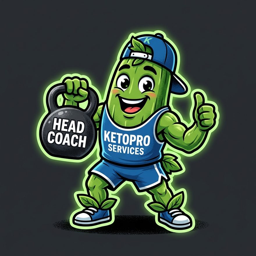 Keto Pro zucchini mascot in a KetoPro jersey holding a Head Coach kettlebell